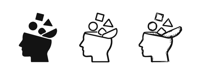 Head with Geometric Shapes Icon Set - Ideas, Thinking and Creative Mind Doodle Symbols, Vector Illustration © drawing lines