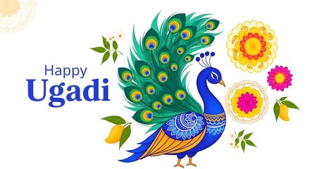Fototapeta premium Colorful peacock illustration with flowers celebrating happy ugadi festival