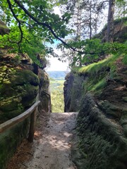Obraz premium Narrow sandstone rock passage with wooden railing opening to green valley view