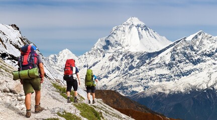Mount Dhaulagiri peak three hikers himalaya mountain