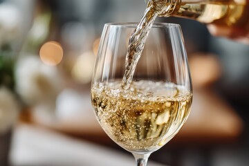 Obraz premium Pouring a glass of crisp white wine, capturing the elegant movement and vibrant color, highlighting the effervescence and celebratory mood in soft light setting.
