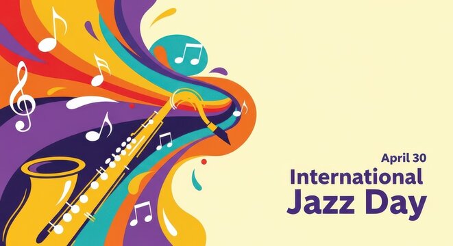 Vibrant illustration celebrating international jazz day with colorful musical notes and instruments