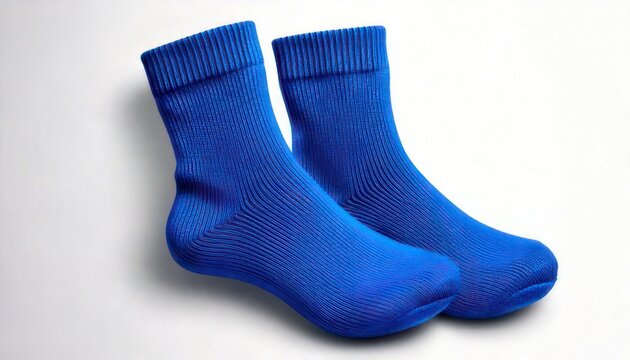 Pair of vibrant blue socks, perfectly arranged on a clean white surface, showcasing textile detail.