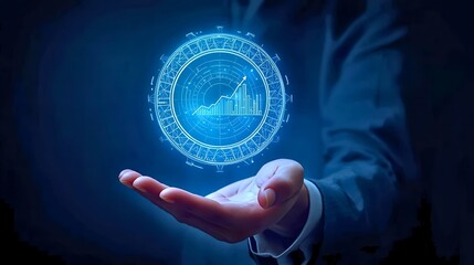 Hand holding glowing digital bitcoin hologram in dark futuristic tech background