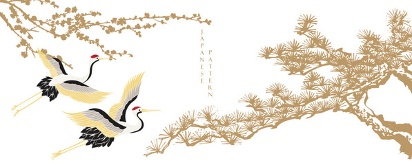 Naklejka premium Bonsai tree branch, crane birds and cherry blossom flower branch with Chinese painting in natural background.