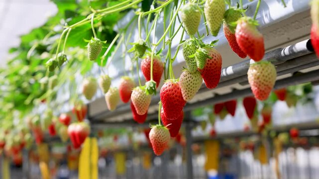 風に揺れるいちご：ビニールハウスの高設栽培と春の光（4K）