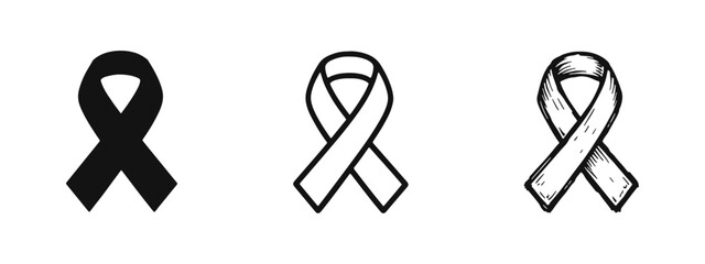 Awareness Ribbon Icon Set. Support and Solidarity Symbols in Solid, Outline, and Hand-Drawn Styles.
