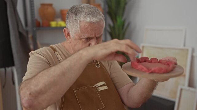 Man potter wearing apron shapes red clay with hand on wooden bat and trims rim in studio; concentration craftsmanship patience.