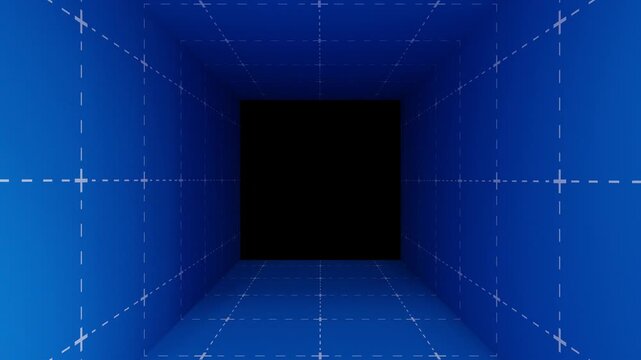 4K 3D looping background animation with blueprint pattern moving forward with empty space in the middle.
