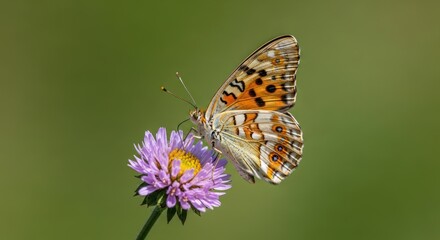 Obraz premium A butterfly with vibrant orange and black wings is perched on a purple flower, surrounded by green leaves.