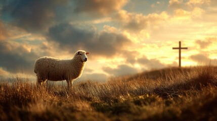 Fototapeta premium Sheep standing on grassy hill with wooden cross against sunset sky. Christian religious concept of faith and guidance. Peaceful landscape scenery depicting grace and spiritual serenity.