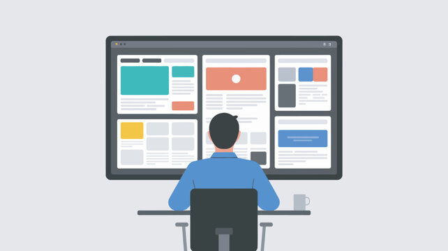 A man sitting at a desk in front of a large computer monitor with multiple screens and windows open.
