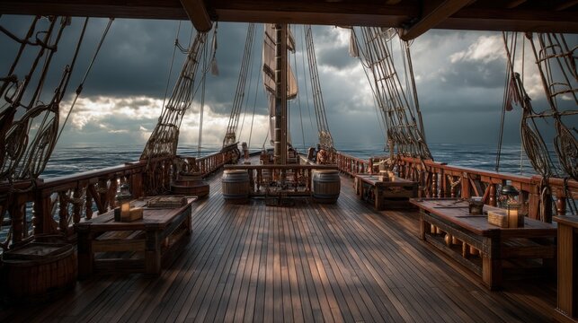 View from the deck of a wooden sailing ship at sea. Old vessel with masts and rigging under a dramatic cloudy sky. Historical maritime transportation and adventure travel concept.