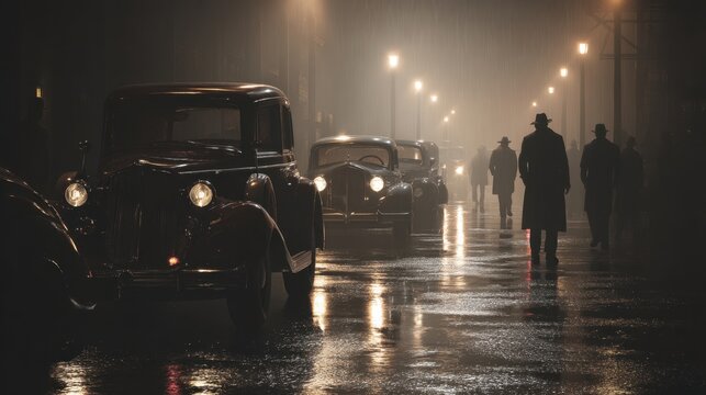 Men in hats and coats walking on dark rainy city street with vintage cars. Noir style atmospheric urban scene in misty weather. Retro crime investigation mystery concept. 1940s film mood.