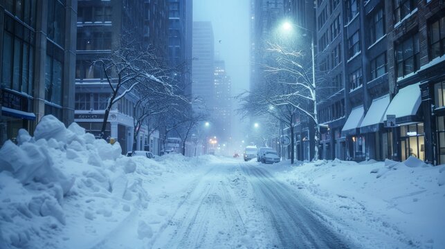 Snow covered city street during heavy winter snowfall between tall buildings