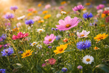 Obraz premium Vibrant Field of Wildflowers in Bloom, Soft Sunlight Filtering Through, Perfect for Spring and Summer Themes
