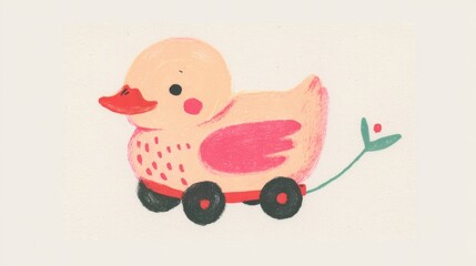 Cute duck toy on wheels colorful children illustration playful nursery style