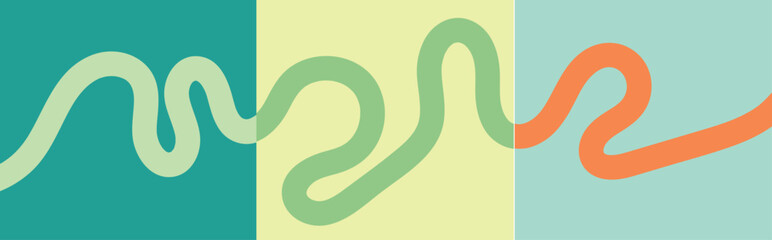 Abstract Wavy Line Banner Set, Retro Organic Squiggles in Teal, Sage Green, and Terracotta, Minimalist Fluid Ribbon Backgrounds for Web Header, Social Media, and Eco-Friendly Brand Design 