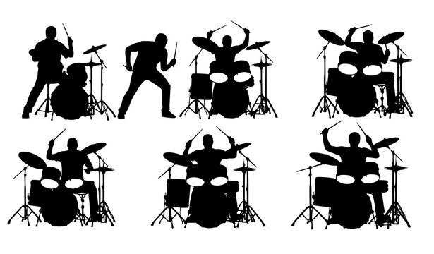 Drummer silhouette collection with drum kit musicians performing rhythmic live music poses
