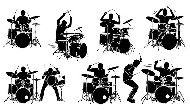 Dynamic drummer silhouettes vector set with musicians playing drum kits in energetic performance poses