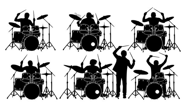 Energetic drummer silhouette vector set with drum kit musicians performing live music