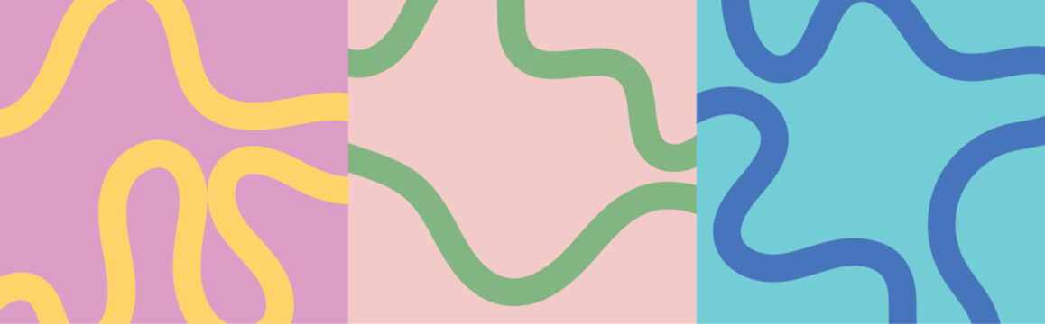 Abstract Wavy Line Pattern Set, Minimalist Hand Drawn Squiggle Backgrounds in Pastel Pink, Purple, and Blue, Modern Organic Shapes Vector for Social Media, Branding and Stationery Design 