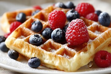 Close-up shot of delicious waffles with fresh raspberries and blueberries, generously sprinkled with powdered sugar, served on a white plate for a delightful breakfast.