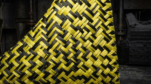 Industrial Safety Defense Concept Macro Bright Yellow and Black Woven Kevlar Fiber Fabric Texture