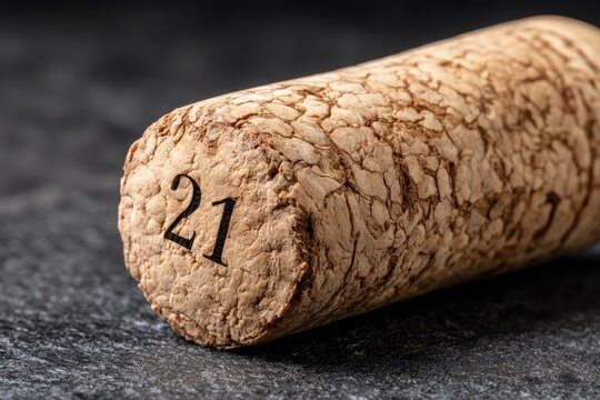 Macro shot showcasing a wine cork with the number 21 on it, emphasizing texture and detail on a dark, textured background for a mature and sophisticated feel.
