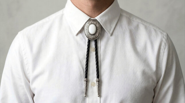 Western Bolo Tie with White Gemstone Pendant on Classic Cowboy Style Shirt