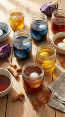 Vertical shot of glass jars and ceramic bowls with natural eco-friendly Easter egg dyes on a wooden background