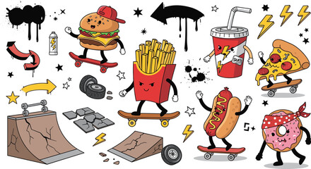 Funny fast food skateboard cartoon character set with burger fries soda pizza donut and street doodle elements isolated on white backgroundFunny fast food skateboard cartoon character set with burger  © Md