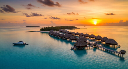 Fototapeta premium Aerial of overwater bungalow, yacht, and island at sunrise with bright sky reflecting in turquoise water, representing vacation and tropical destination