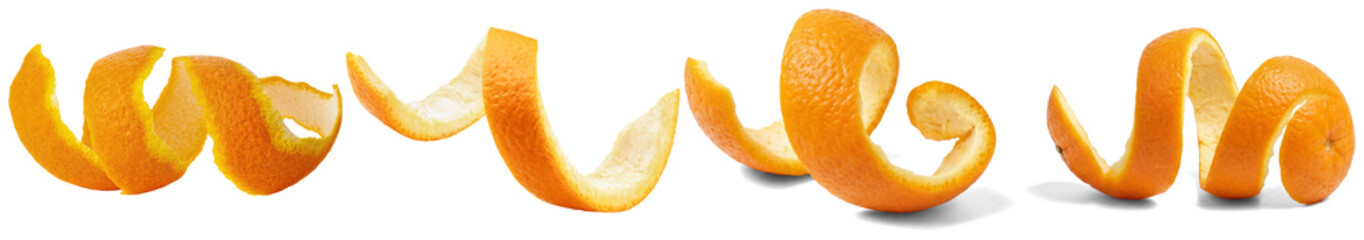 Zesty and aromatic fresh orange peels, meticulously curled into elegant spirals, captured in various compositions.