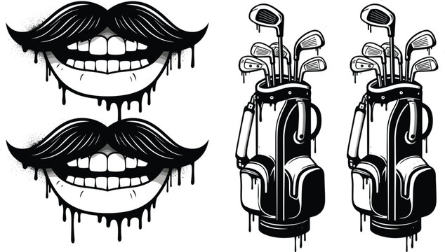 Graffiti dripping mouth with mustache and golf bag street art icon set combining urban style lips illustration and sports equipmentGraffiti dripping mouth with mustache and golf bag street art icon se