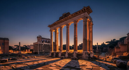 Naklejka premium Image of ancient Roman forum ruins at dusk with columns, representing history, architecture, and travel destinations, evokes historical exploration