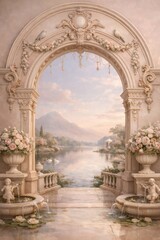Fototapeta premium Elegant archway frames serene landscape.