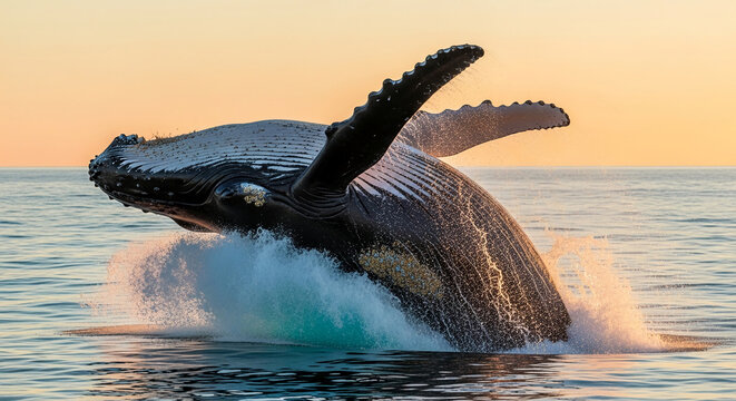 Dramatic view of a humpback whale breaching the ocean surface with splashing water, representing freedom, power and the beauty of marine wildlife