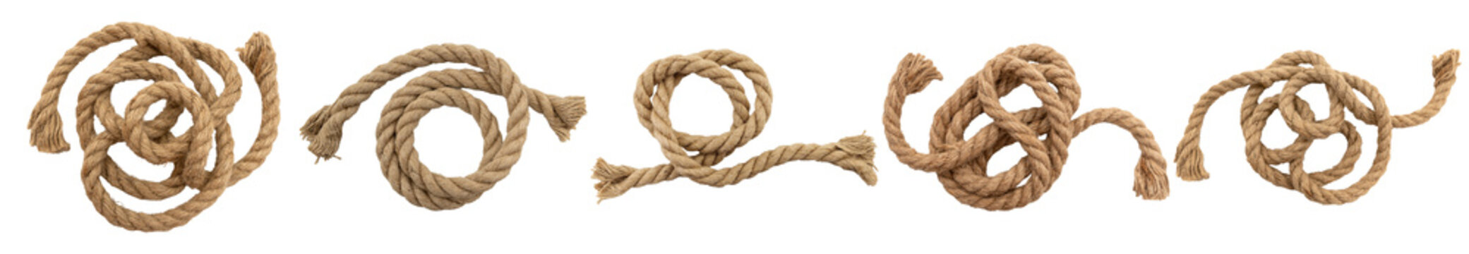 Various arrangements of strong, twisted flax rope, showcasing its natural texture, isolated on a transparent background.
