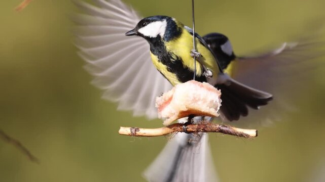 Close-up of an adult male great tit (Parus major) clinging to a  piece of lard and eating it, and another great tit flies in and begins to eat against an olive background on a sunny spring day.