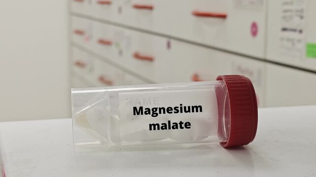MAGNESIUM MALATE tablets box on hospital pharmacy table, used to support energy metabolism and reduce muscle pain
