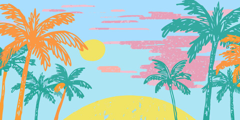Obraz premium Stylized illustration of palm trees against a vibrant sunset sky