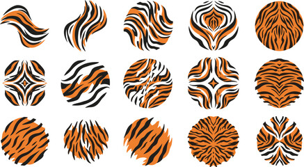 Vector set of abstract tiger skin pattern circles and decorative animal print shapes with orange and black stripes for exotic wild life themes. © Rumi