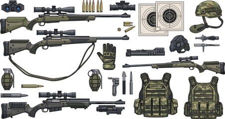 Military equipment vector set with sniper rifles, tactical vest, helmet, grenades and shooting targets, detailed army gear illustration collection for defense and combat design © Aminul