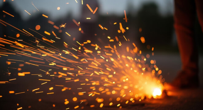 Bright orange sparks from a firecracker exploding on the ground at night. Festive pyrotechnic display for a holiday celebration