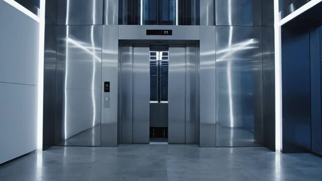 Modern elevator doors closing in an office building with reflective stainless steel and futuristic lighting.