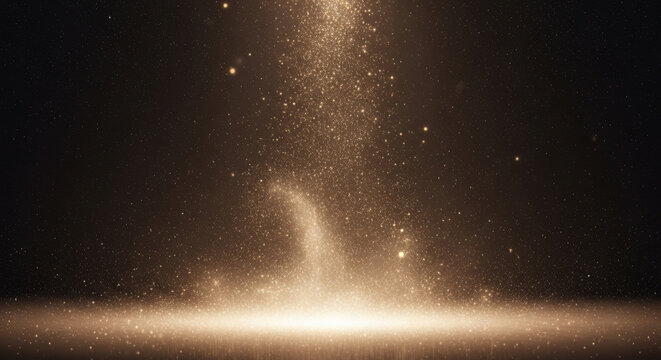 Golden glitter particles falling on a dark background. Abstract light effect with glowing dust. Luxury festive backdrop with copy space