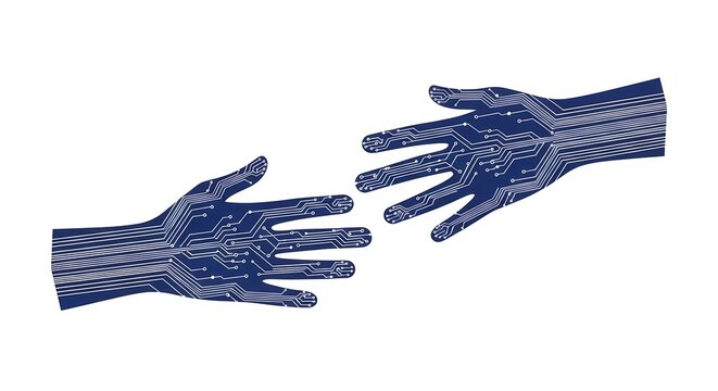 advanced futuristic cyber technology hands with complex circuit lines for robotic partnership human computer interaction and network connection concept