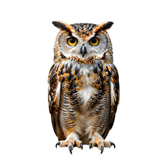 Obraz premium Majestic great horned owl staring directly at the viewer on a white background