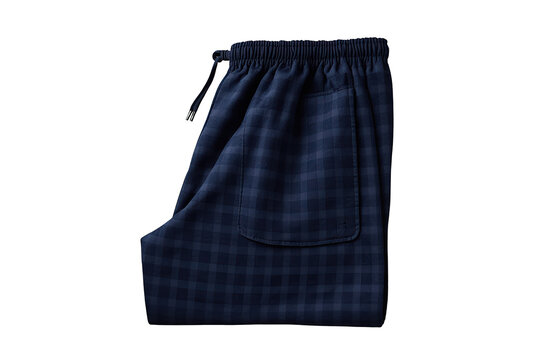 Folded navy blue flannel pajama bottom showing a plaid pattern, elastic drawstring waistband, and a pocket on a transparent background